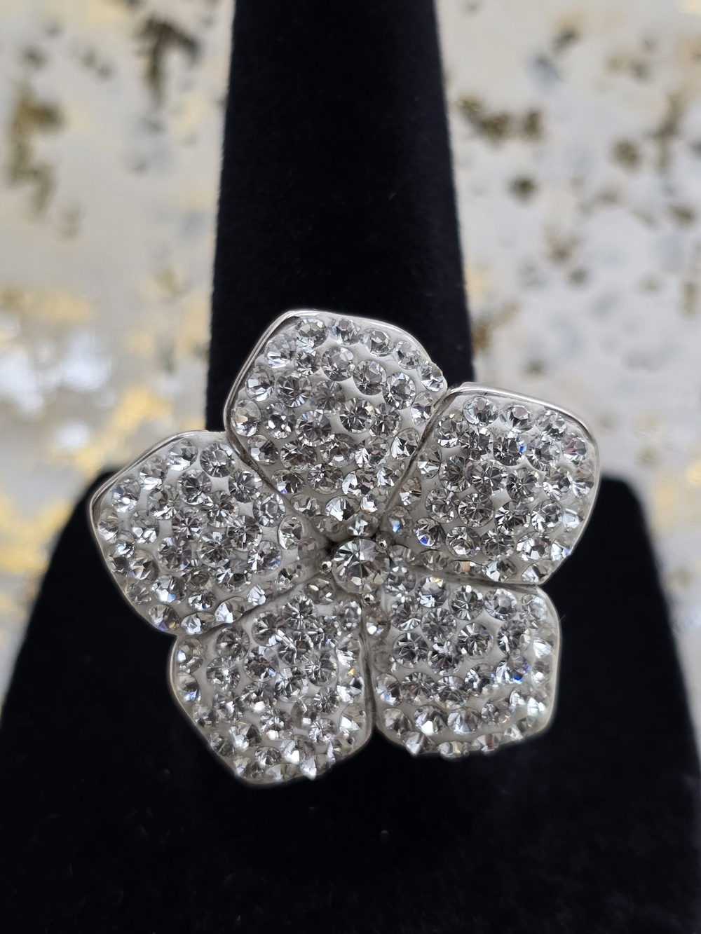 Size 7 Signend Thailand Rhinestone Women's Statement Ring Flower Silver Tone
